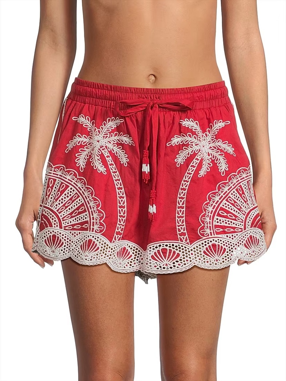 FARM RIO Embroidered Red Beach Shorts with White Lace Trim